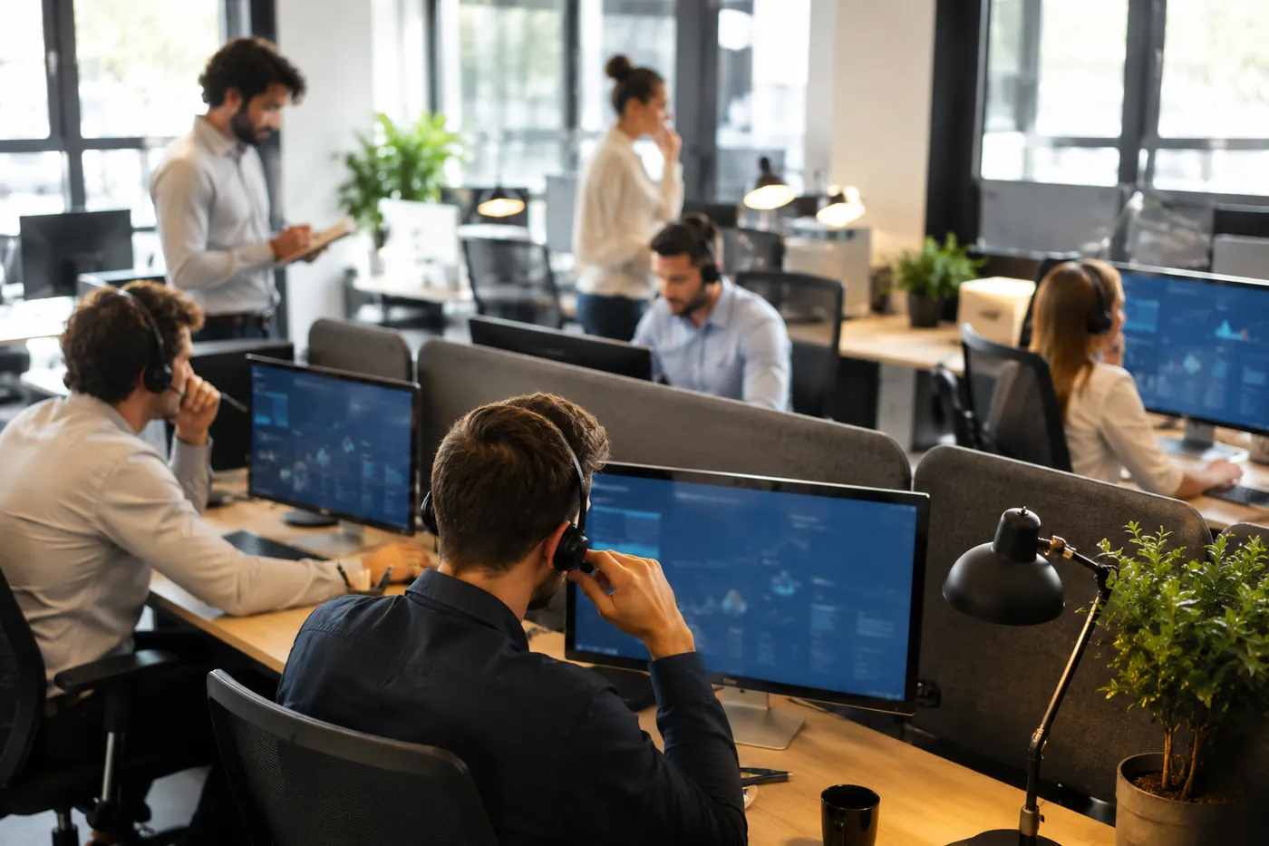 Les commerciaux de CALL IA en appel sur le plateau, casque-micro sur les oreilles, devant leurs tableaux de bord de leads