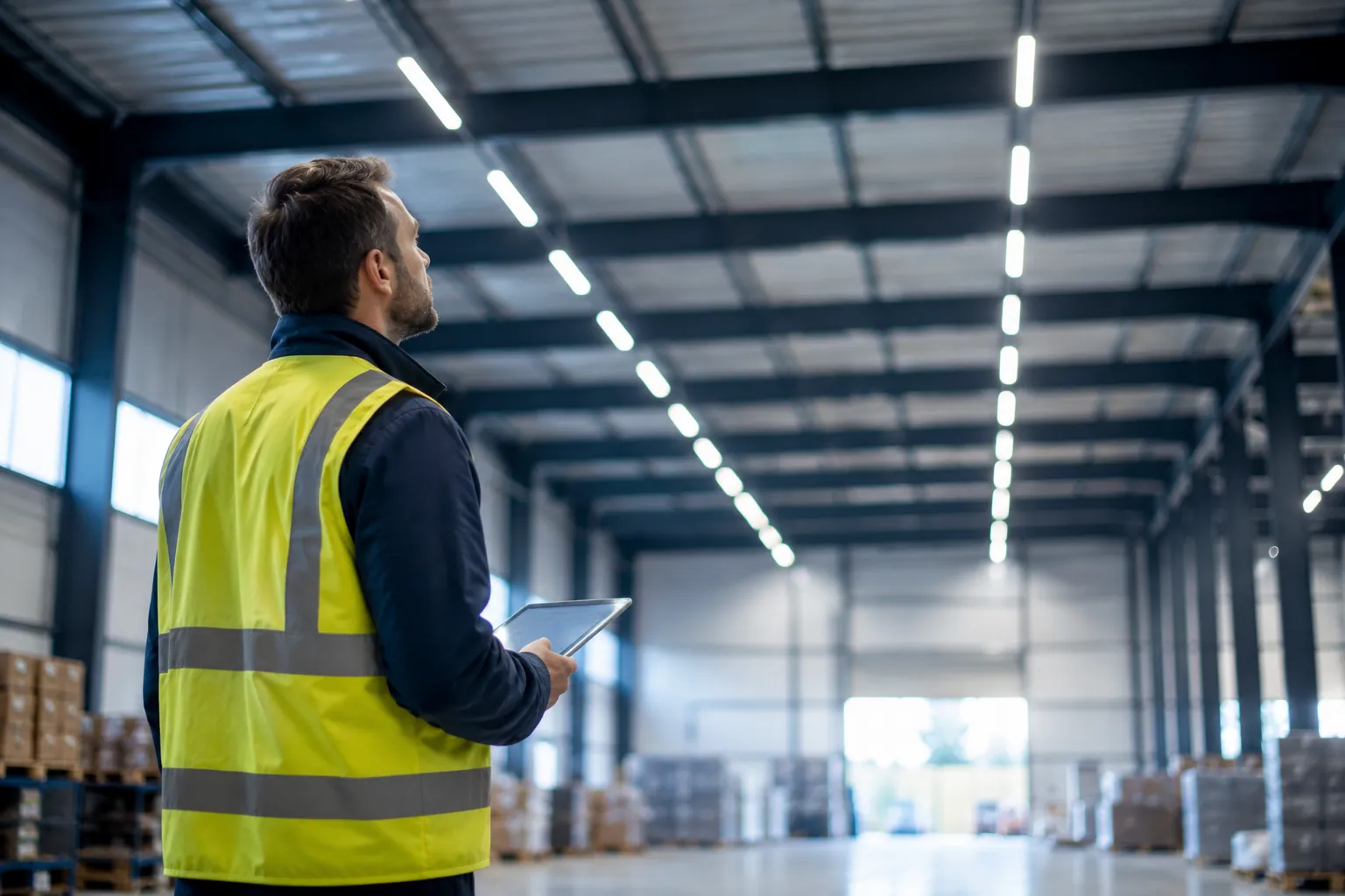 Un responsable technique observe, tablette en main, les rampes d'éclairage LED d'un entrepôt industriel rénové