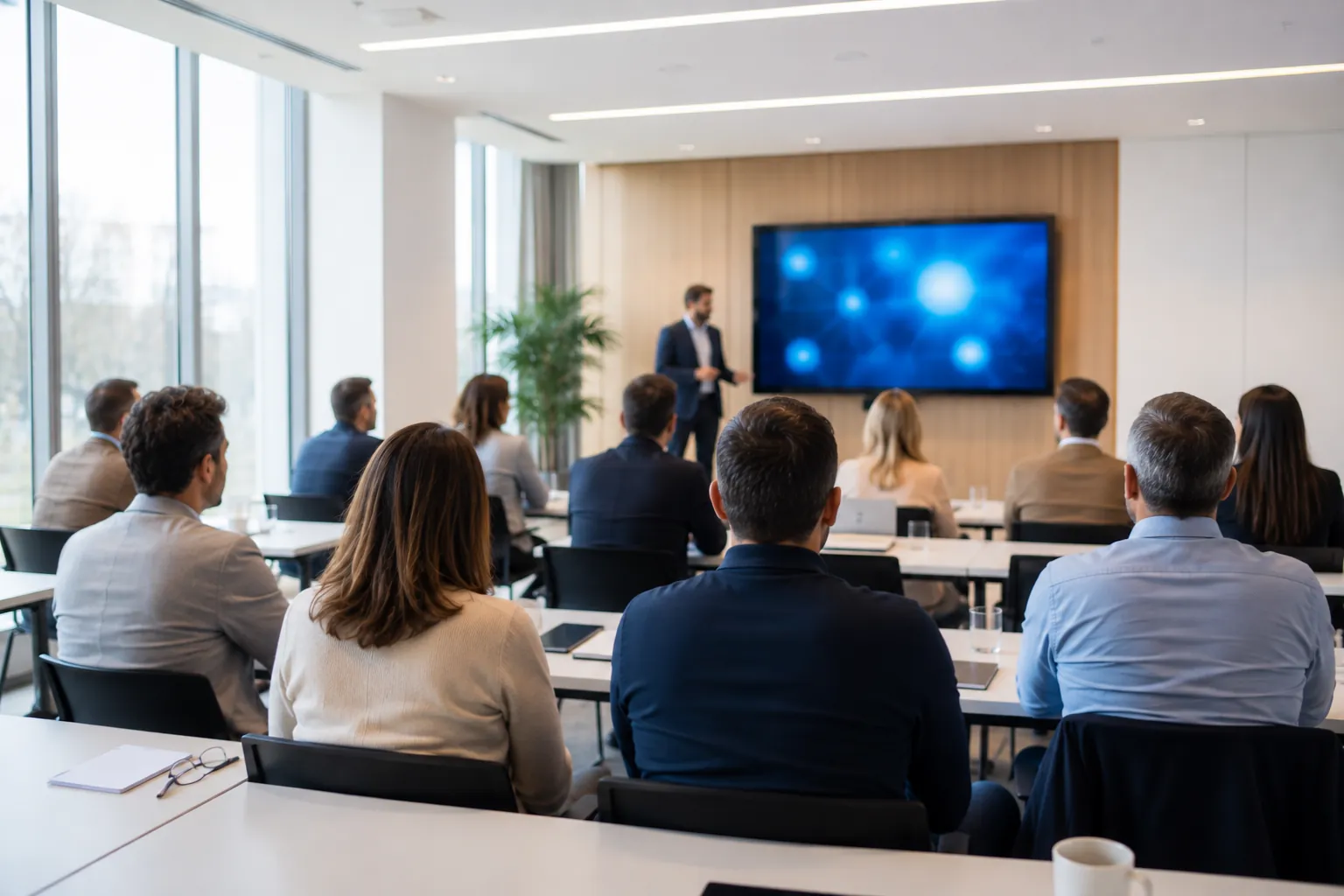 Une salle de formation professionnelle vue du fond : une dizaine de participants suivent l'intervention d'un formateur