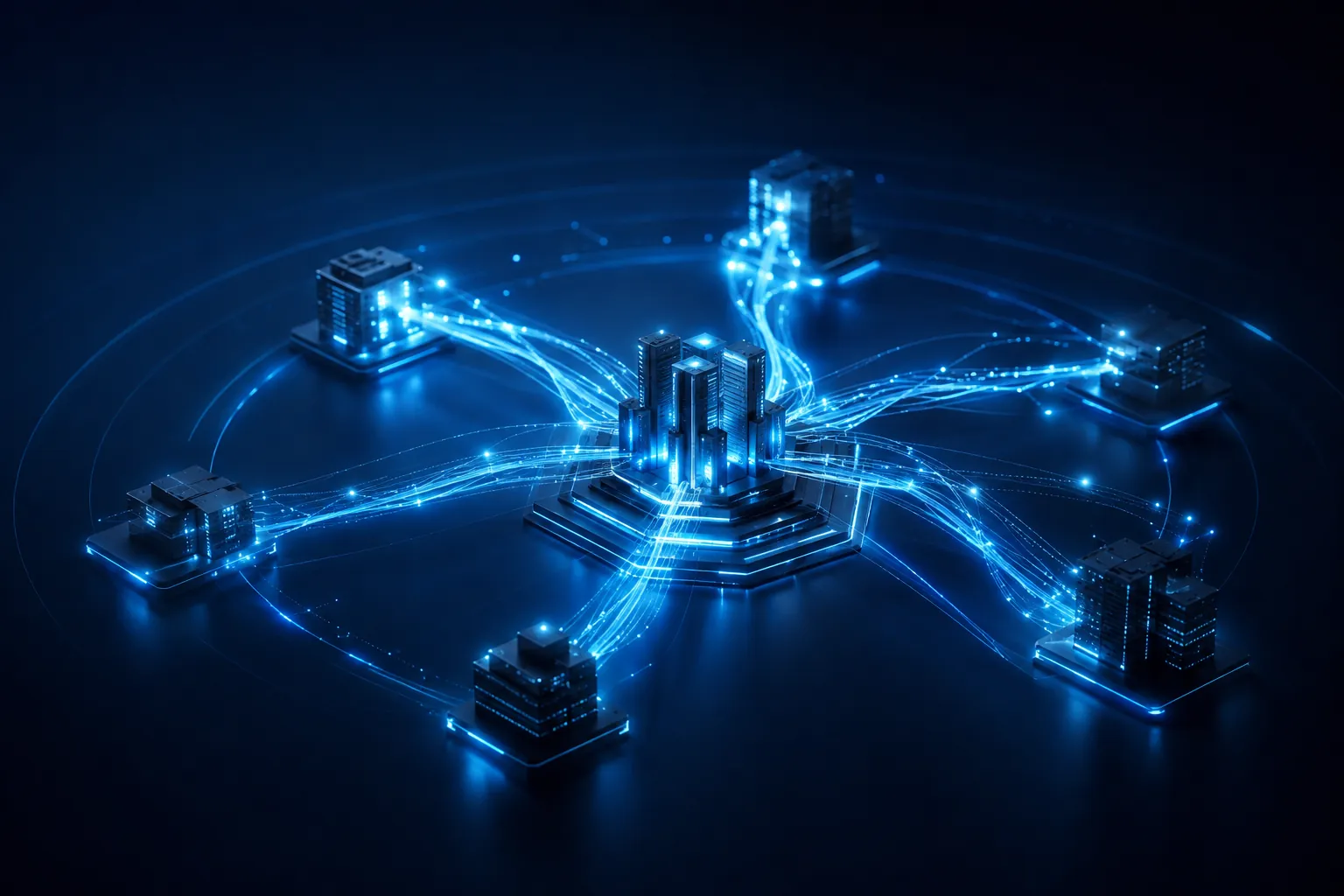 Représentation 3D d'un réseau télécom d'entreprise : des flux de données lumineux relient plusieurs sites entre eux